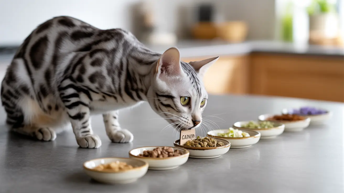 A Bengal cat examining multiple small dishes of food on a kitchen counter