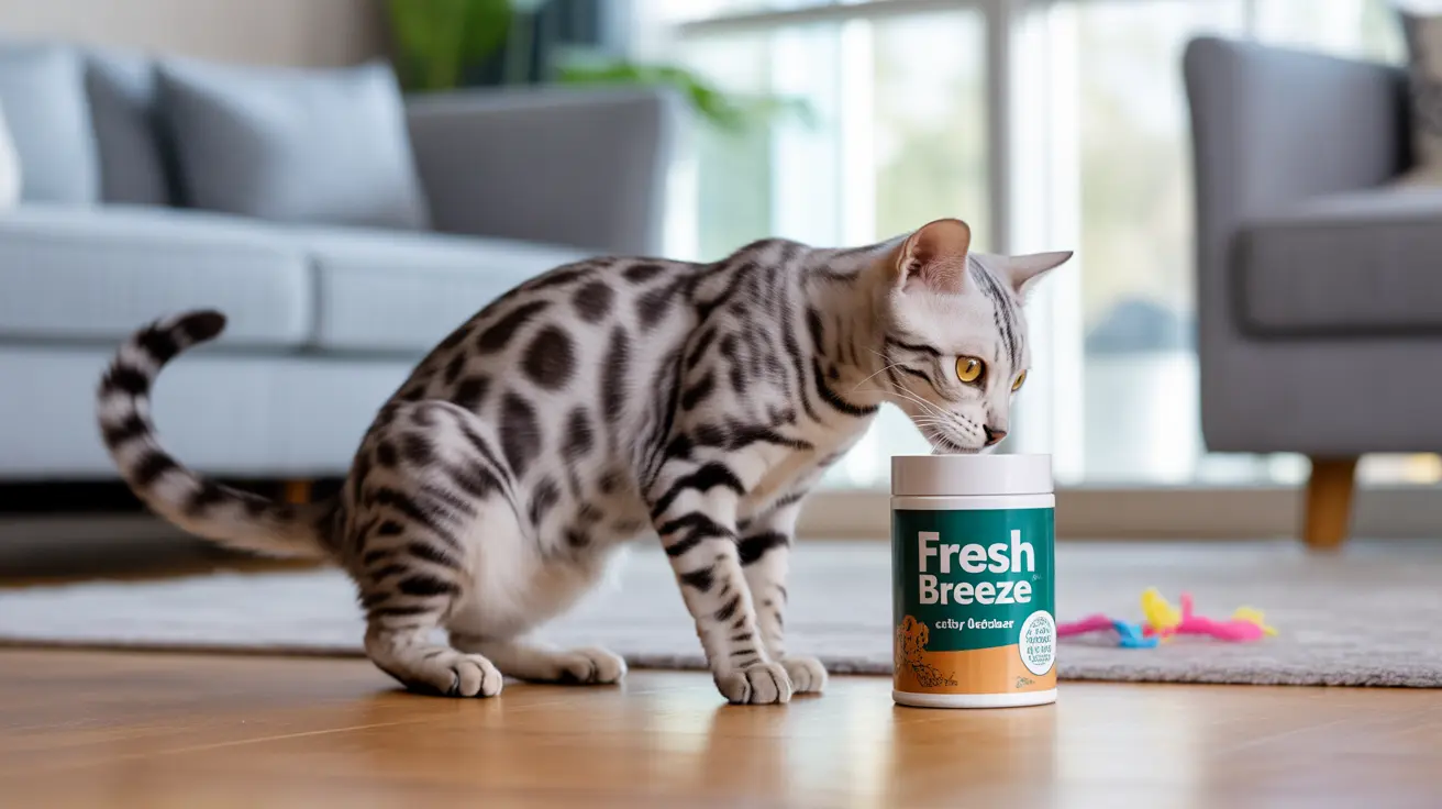 A Bengal cat with distinctive spotted coat near a Fresh Breeze cat litter deodorizer in a modern living room
