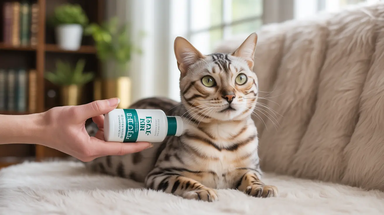 A Bengal cat sitting calmly on a soft white surface with a hand holding a product bottle nearby