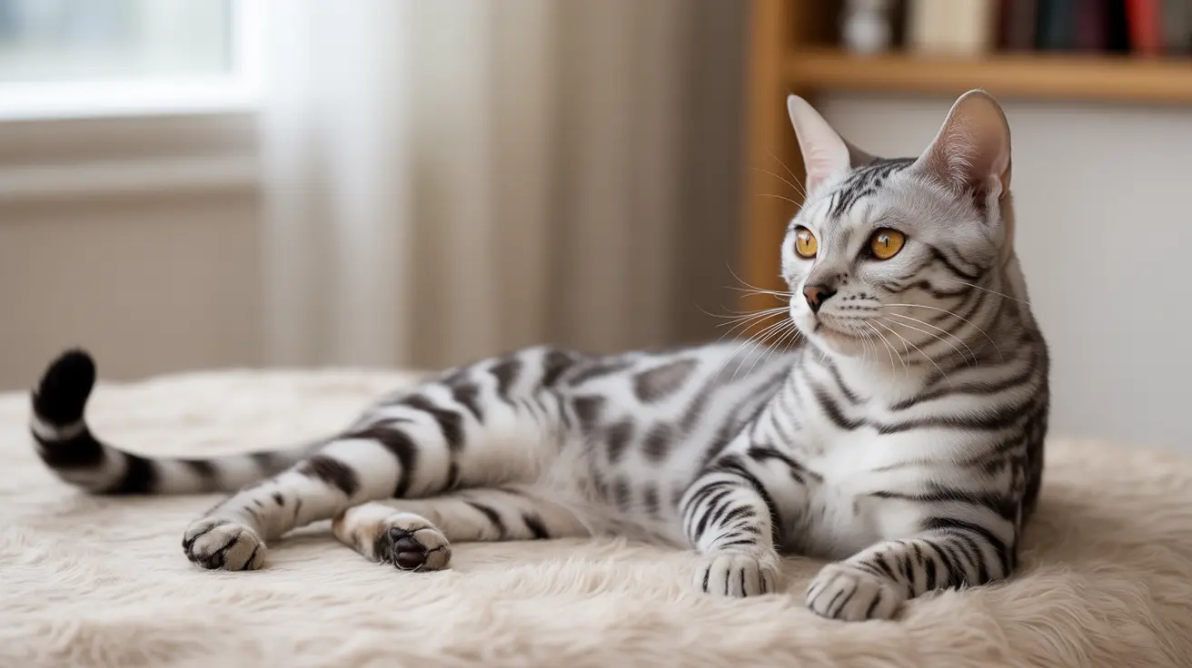 A silver and black spotted Bengal cat lounging elegantly on a light-colored fur rug
