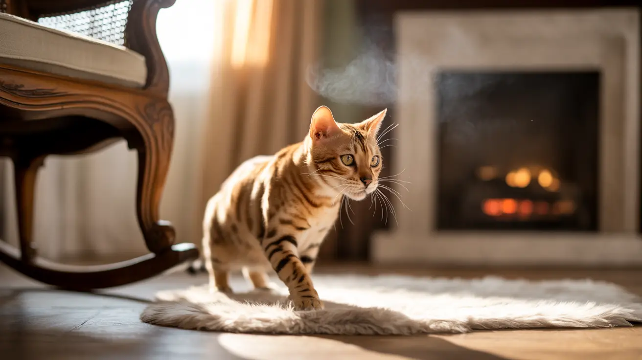 A Bengal cat standing on a white fur rug near a warm fireplace