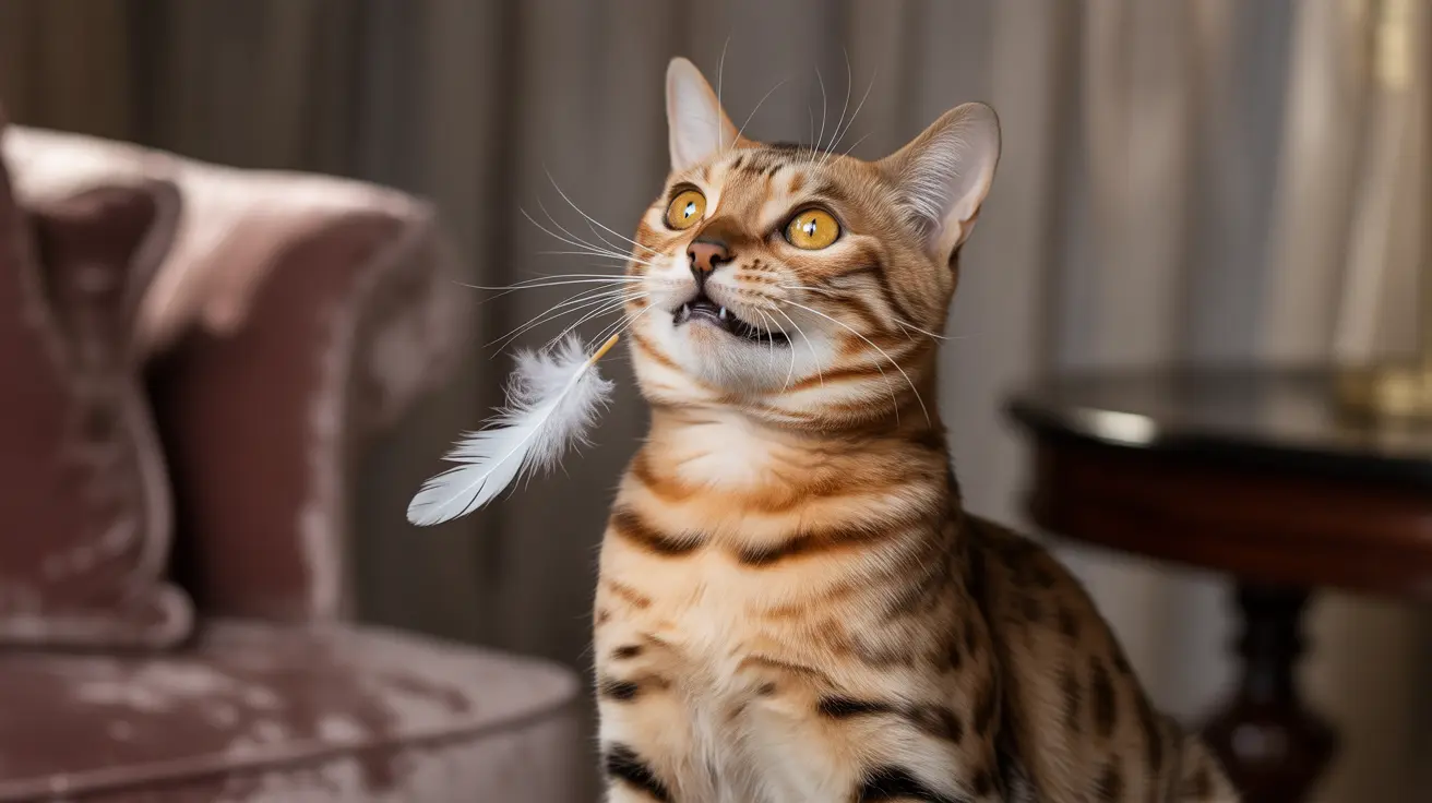 Un gato Bengalí mirando hacia arriba con una pluma blanca cerca de su cara