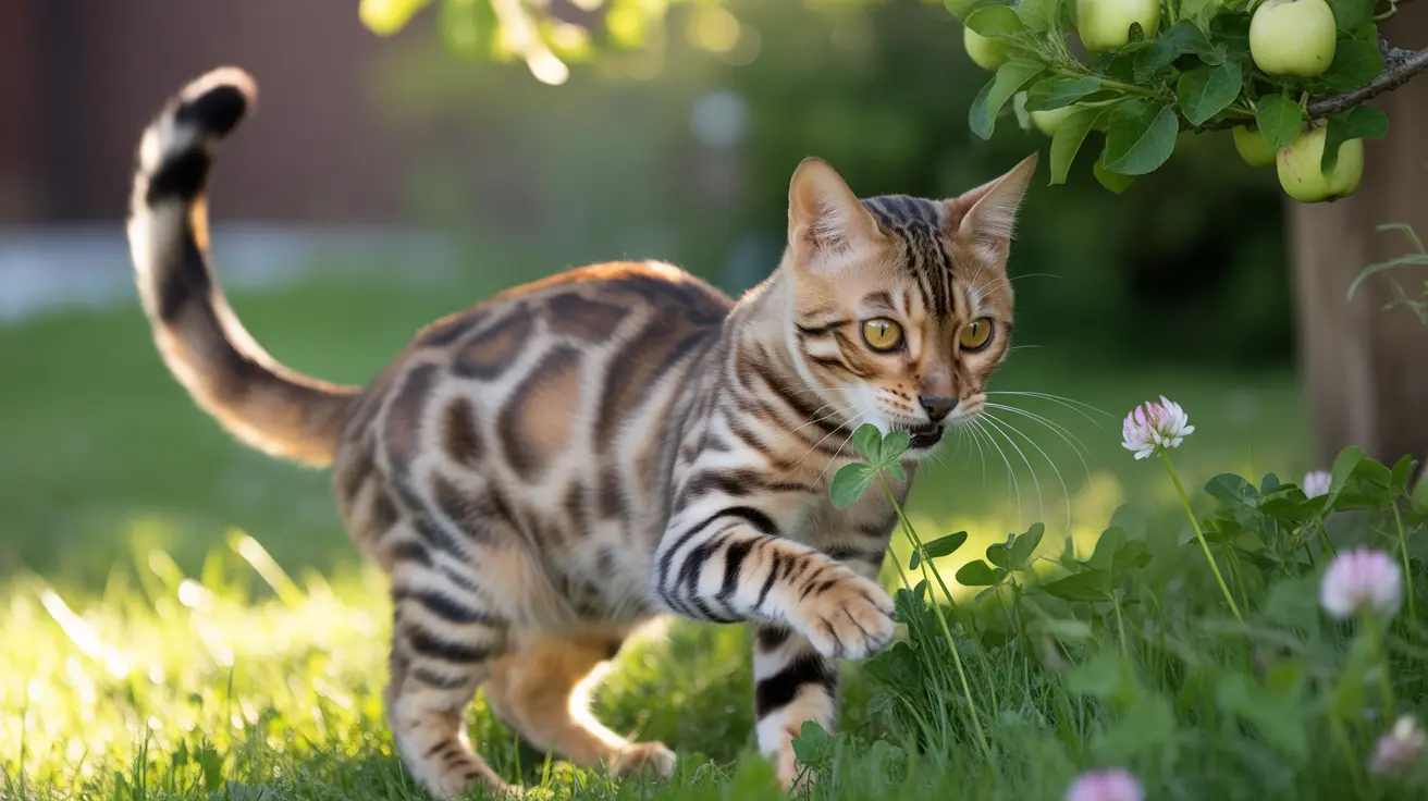 A Bengal cat exploring a lush garden with green grass and an apple tree in the background