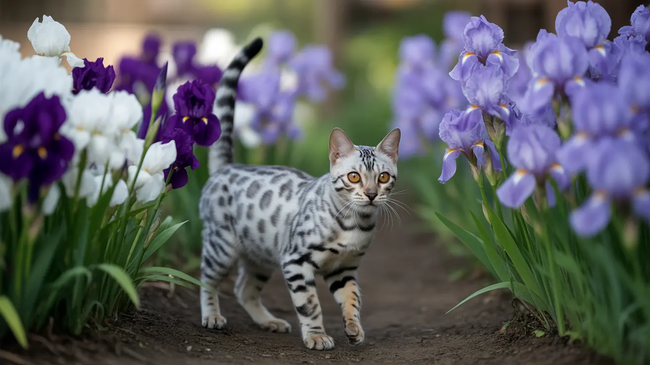 A silver and black spotted Bengal cat walking through a garden path lined with purple and white iris flowers