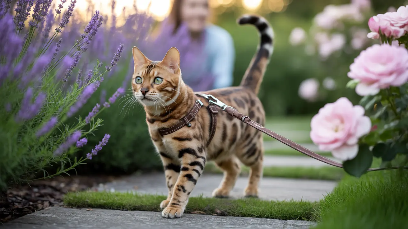 A Bengal cat walking on a garden path wearing a leather harness and leash