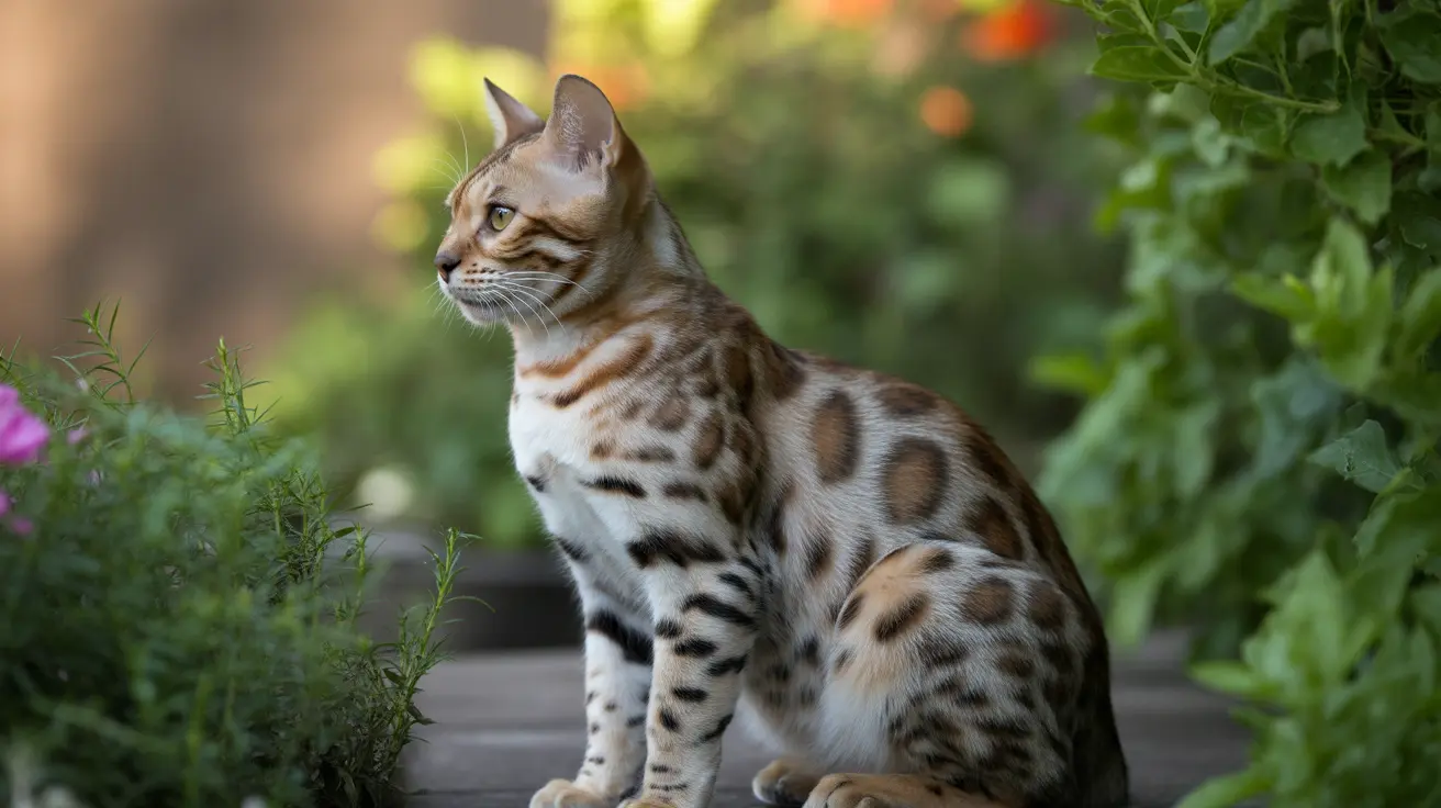 A Bengal cat sitting alert and poised in a lush garden setting