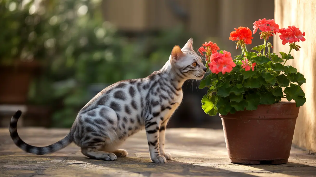 A silver and black spotted Bengal cat sitting next to a terracotta pot of bright red geranium flowers.