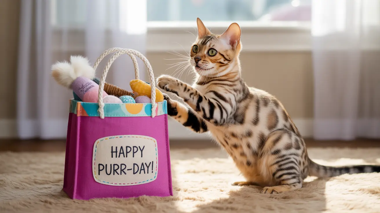 A Bengal cat sitting next to a pink gift bag labeled 'Happy Purr-Day!' filled with toys
