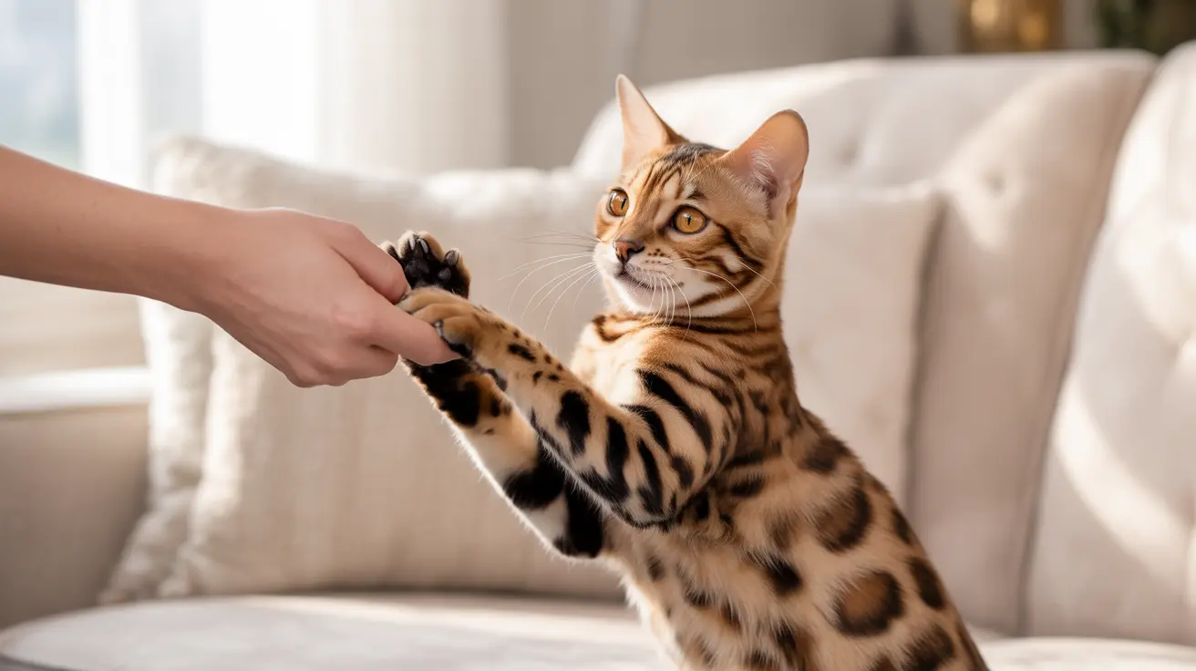 A Bengal cat giving a paw to a human hand on a light-colored couch