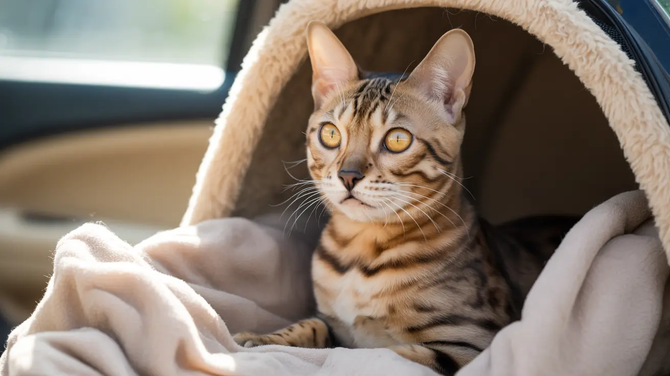 Bengal cat with golden eyes sitting comfortably in a cozy pet bed with soft blankets