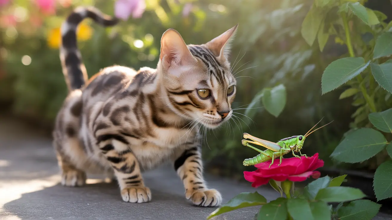 Bengal cat observing a grasshopper on a red rose