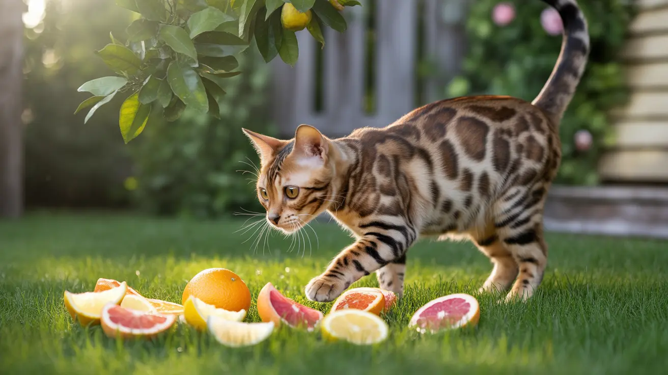 A Bengal cat exploring a grassy backyard surrounded by sliced citrus fruits