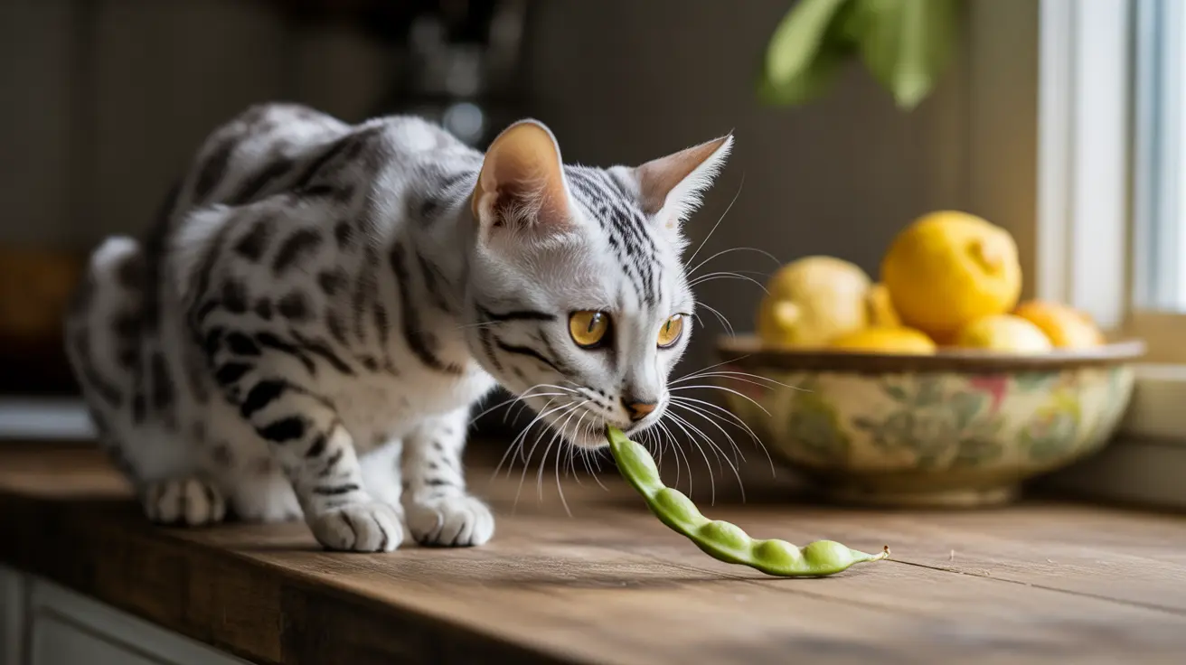 A silver and white Bengal cat curiously investigating a green bean on a wooden surface.