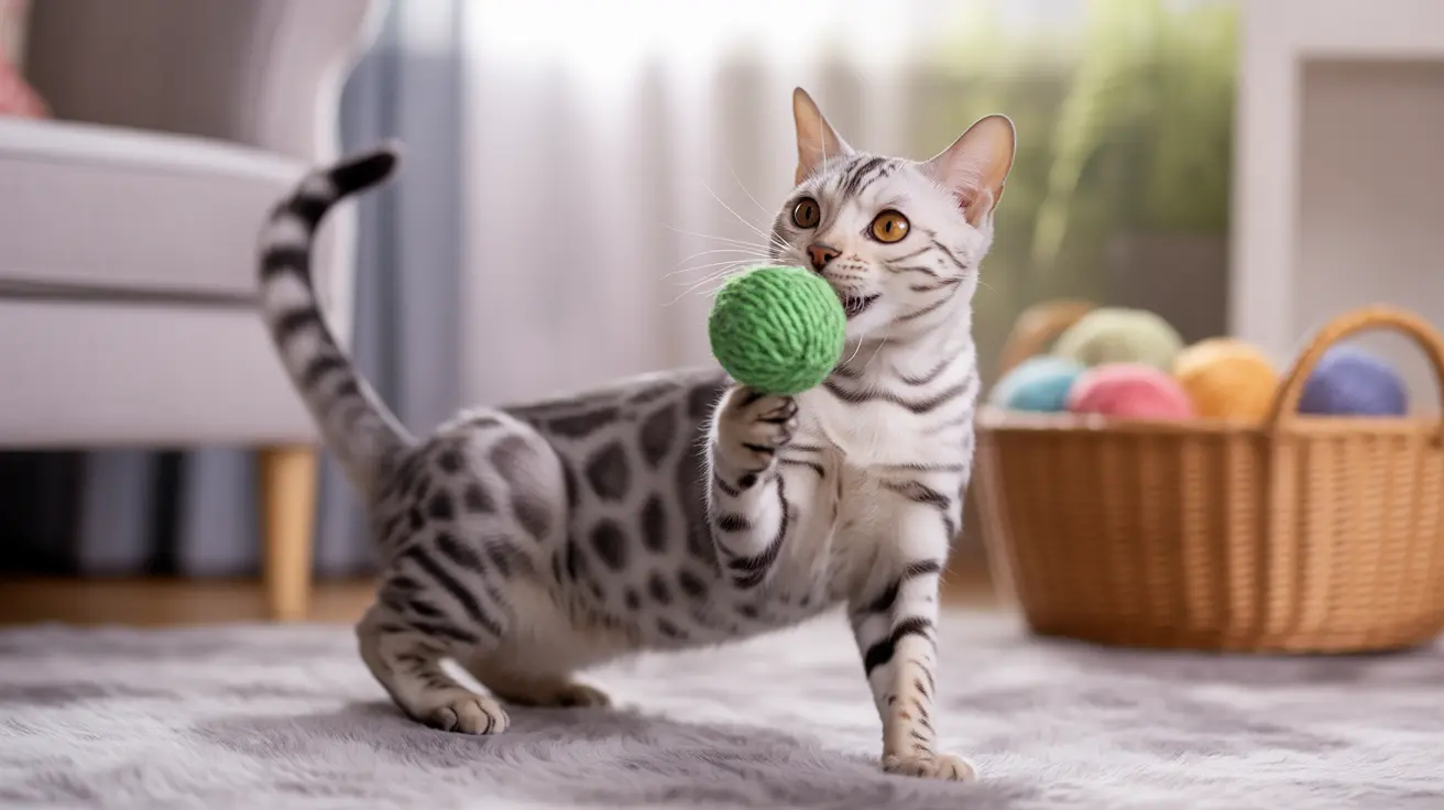 Bengal cat playing with a green yarn ball on a gray rug