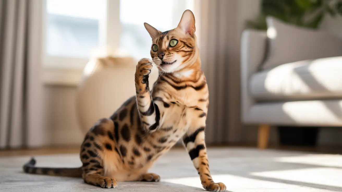Bengal cat grooming its raised paw on a light floor in a bright modern living room