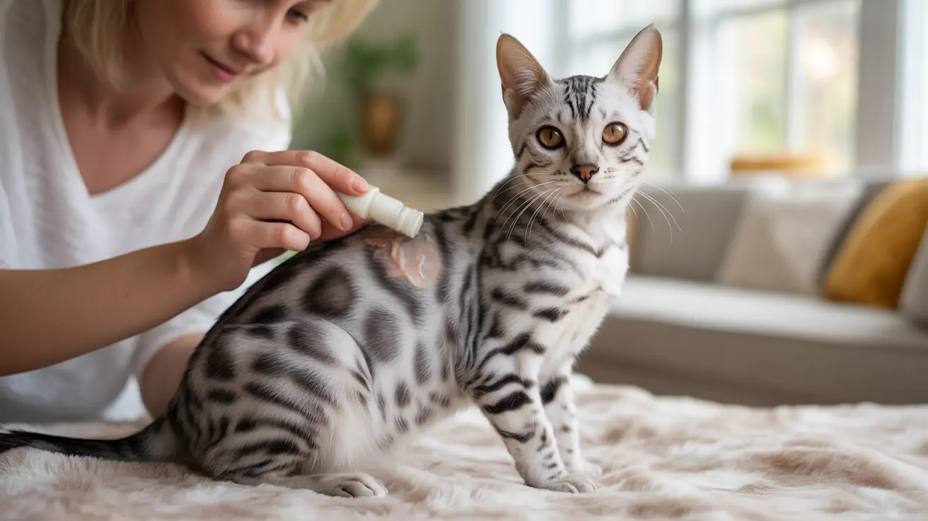 Gato de Bengala plateado y negro manchado siendo acicalado por una mano que sostiene un producto de cuidado