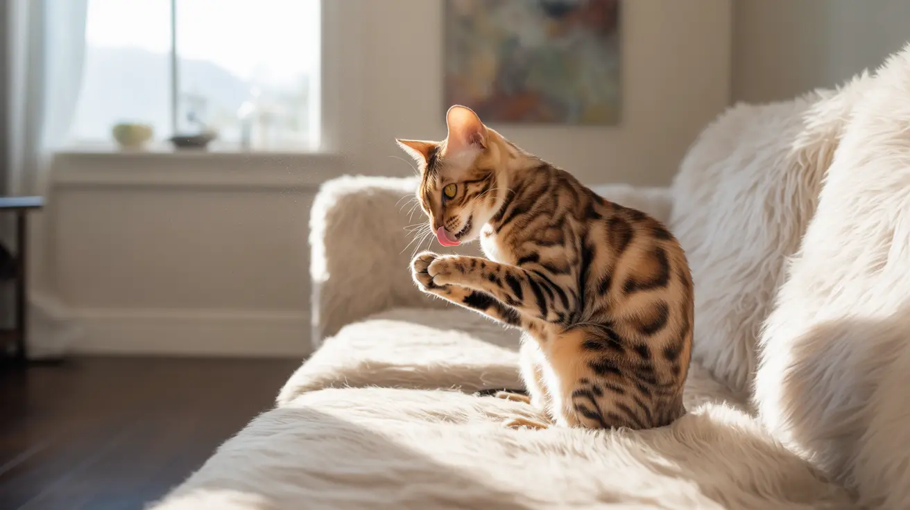 Bengal cat on a white furry couch grooming itself in sunlight