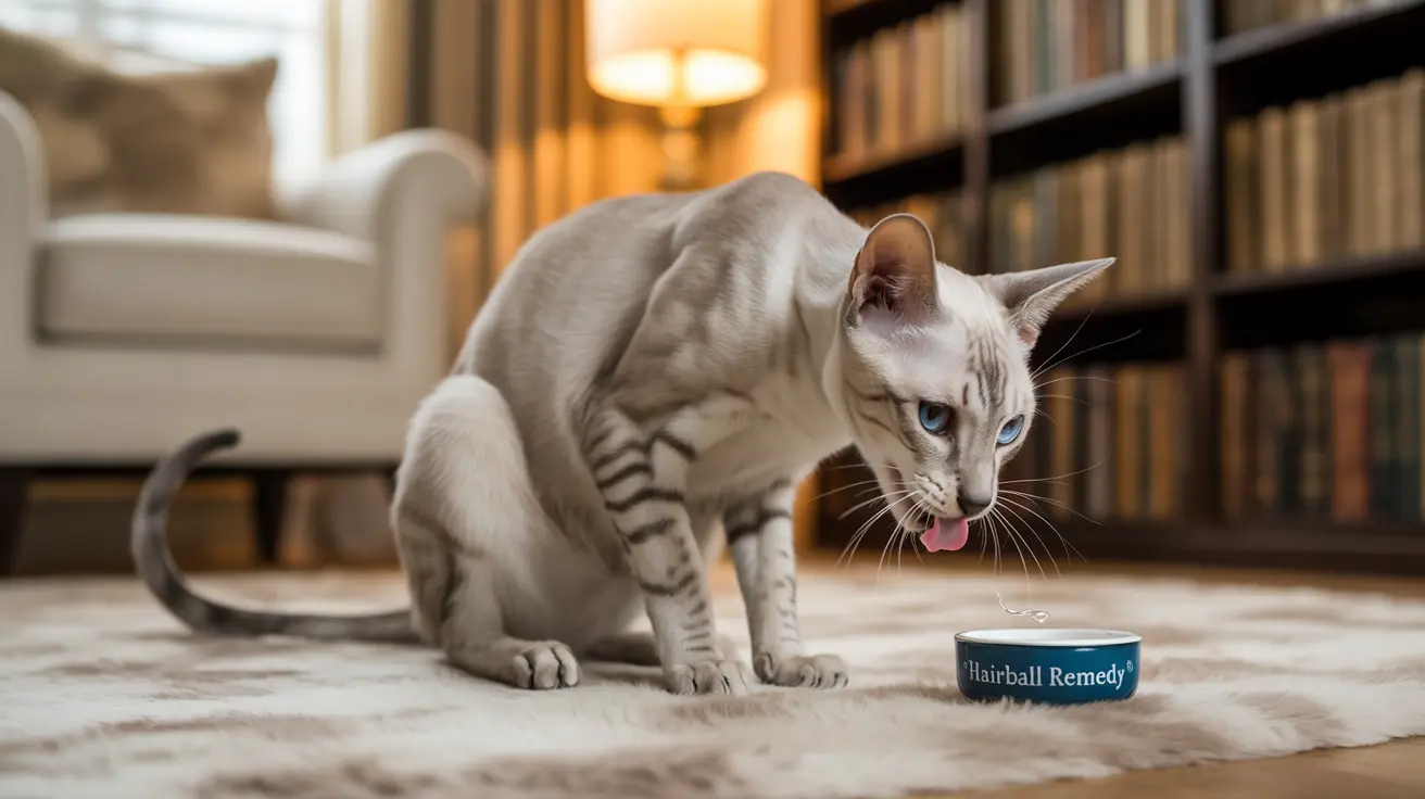 A silver-white Bengal cat licking its tongue near a 'Hairball Remedy' bowl in a cozy living room setting