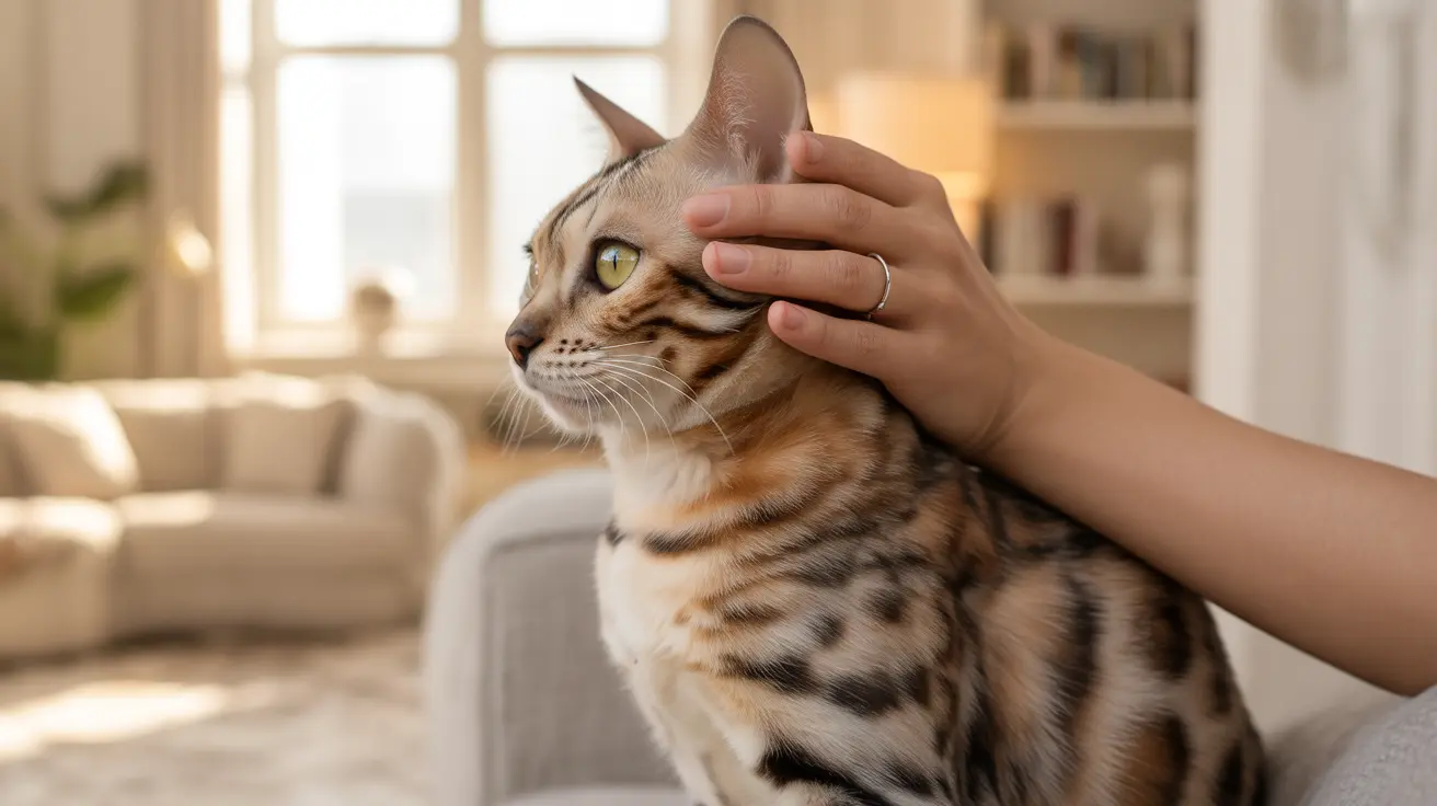 ベンガル猫が、手に優しく撫でられている、居心地の良い日差しの入るリビングルームの様子