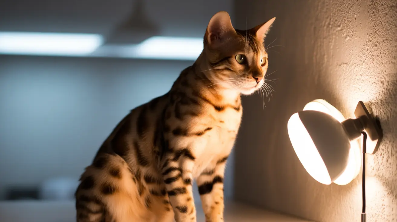 A Bengal cat sitting alert and looking sideways near a bright wall lamp