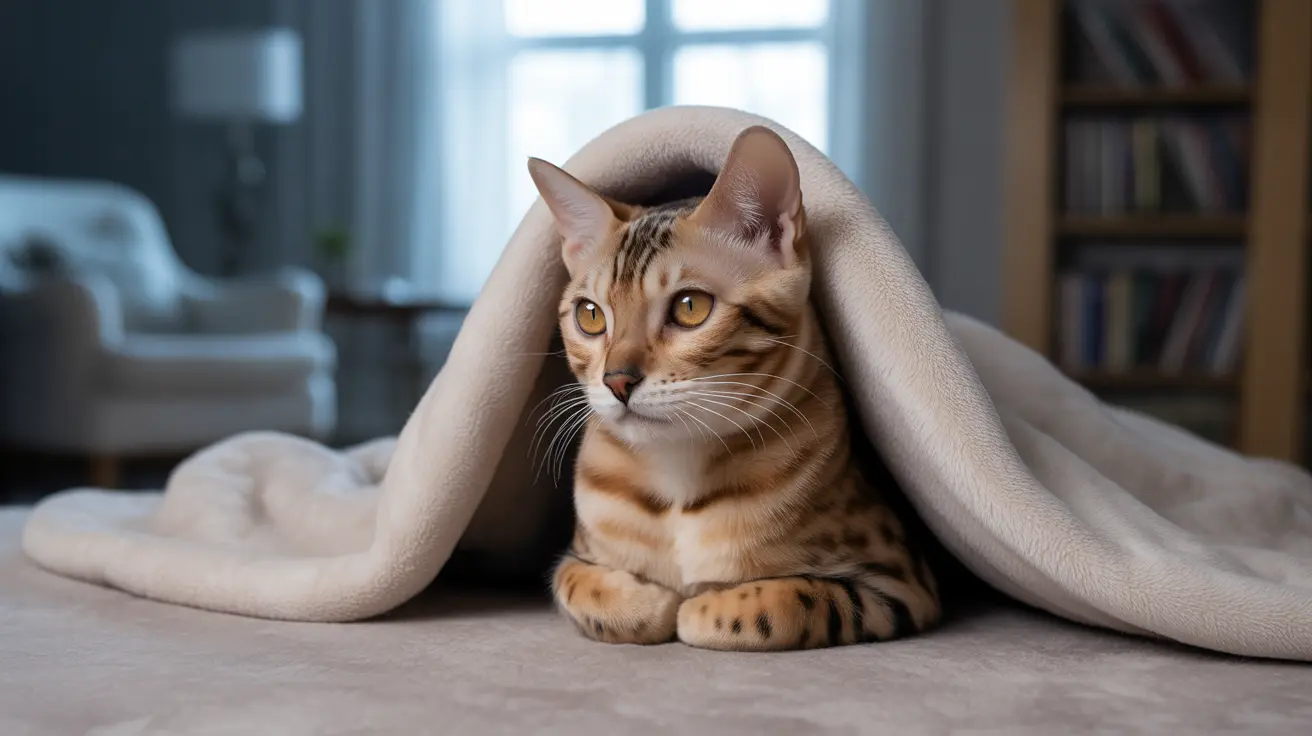A Bengal cat nestled under a soft beige blanket, looking alert and comfortable