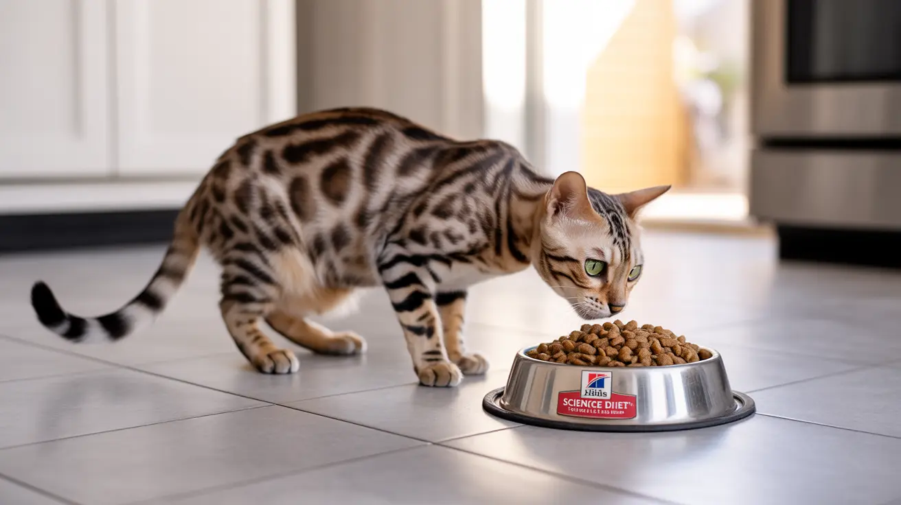 A Bengal cat standing next to a full bowl of Hill's Science Diet cat food