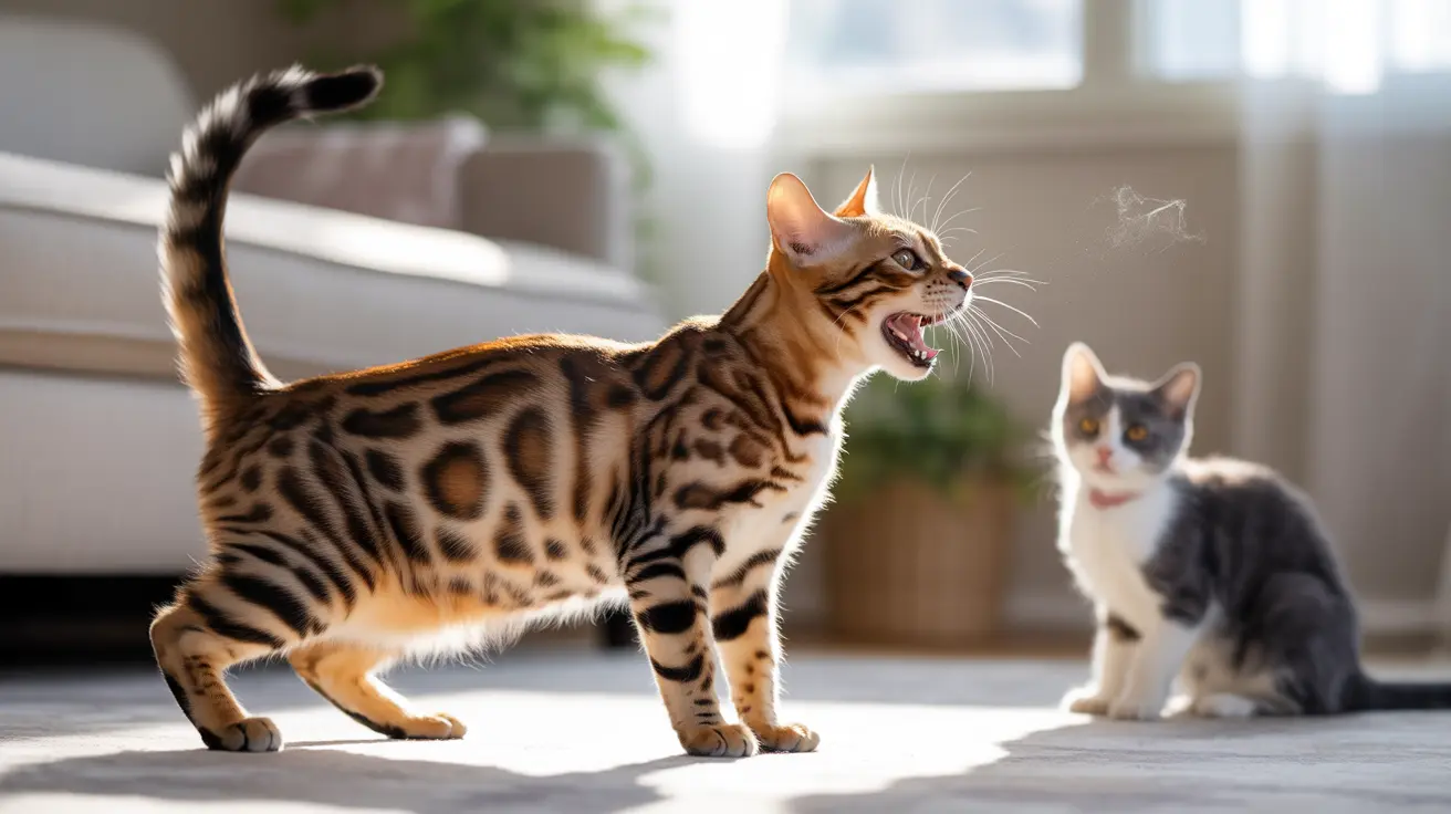 日差しの差し込む室内で、ヒョウ柄のベンガル猫が小さな灰色と白の猫に向かって威嚇し鳴いている光景