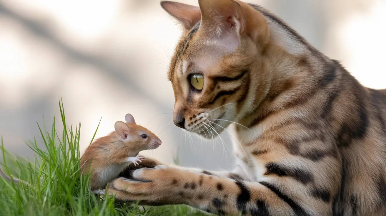 Bengal cat holding a small brown and white mouse in grass