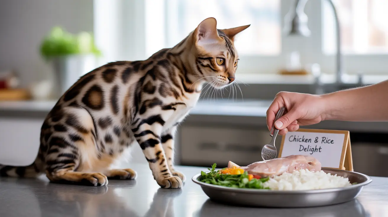 A Bengal cat intently watching a prepared dish of chicken and rice in a modern kitchen setting
