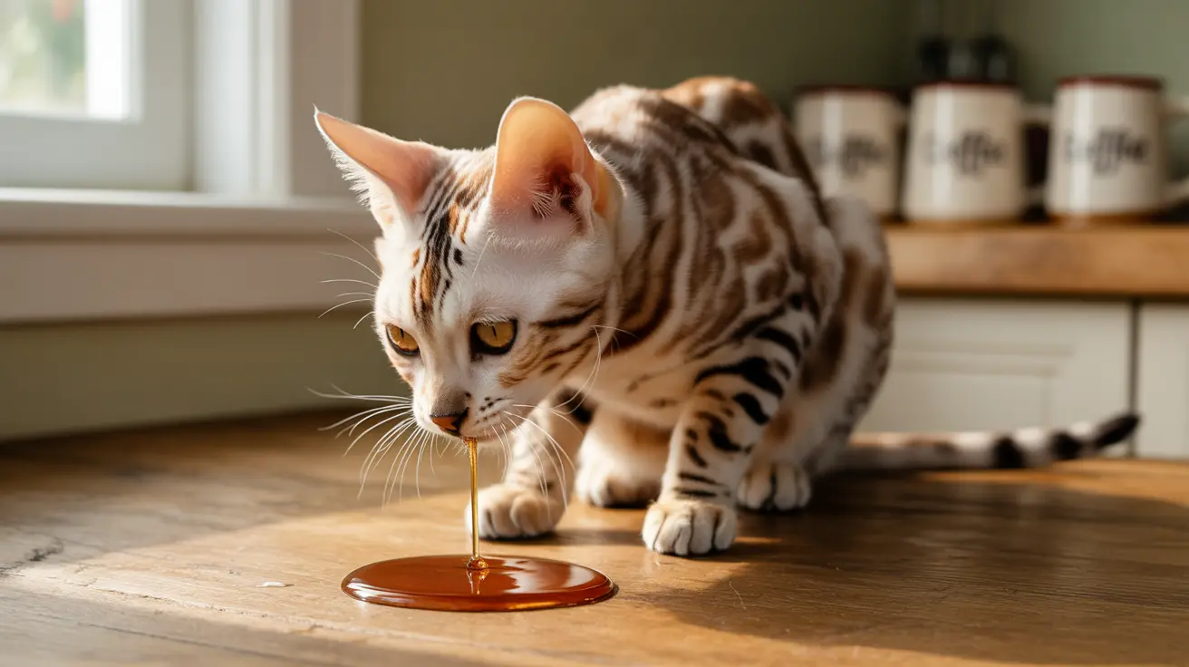 A Bengal cat dripping honey from its mouth onto a wooden floor in a kitchen setting.