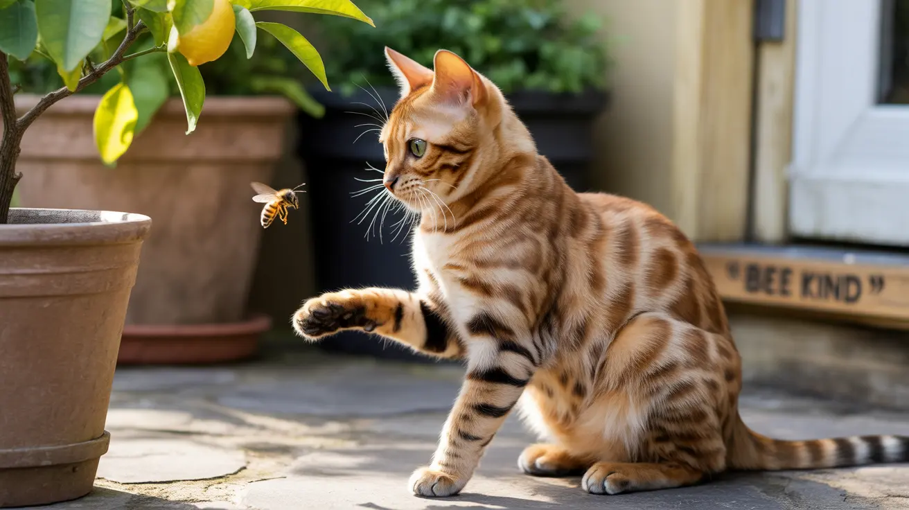 A Bengal cat curiously observing a honeybee near a potted lemon tree
