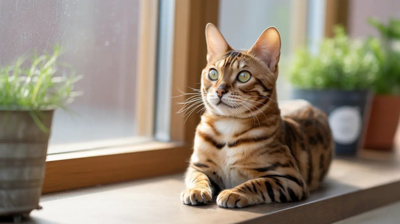 ベンガル猫が窓辺で警戒した様子で座り、明るく鋭い目つきで横を見つめている姿