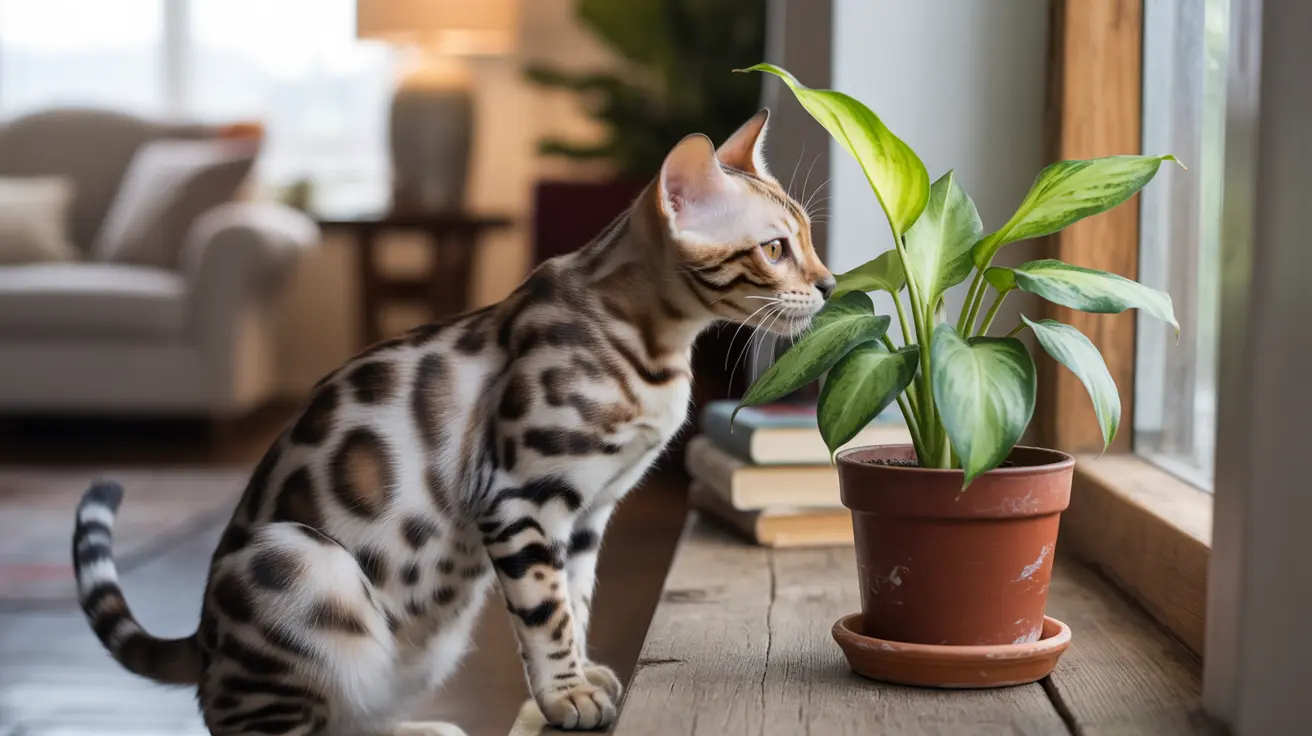 Un gato Bengala con pelaje moteado explora cerca de una planta de interior en maceta junto a una ventana