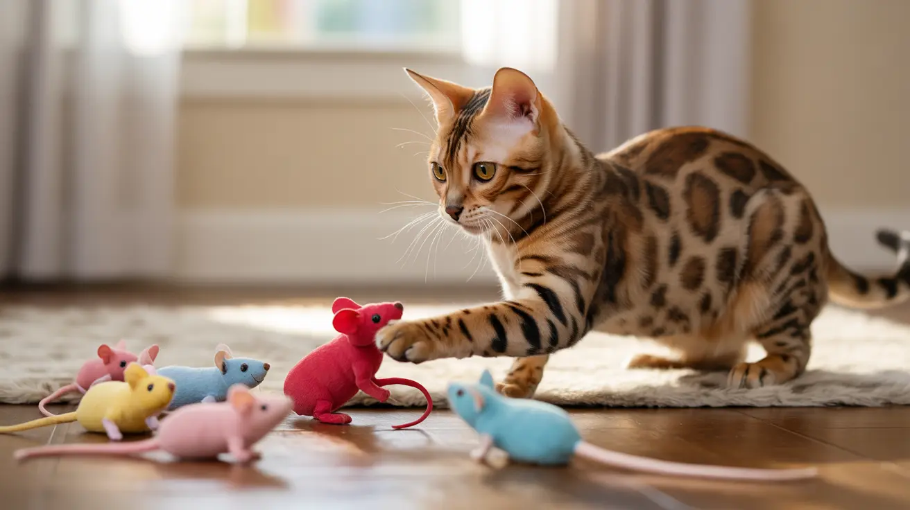 Bengal cat crouched playing with colorful toy mice on a rug indoors