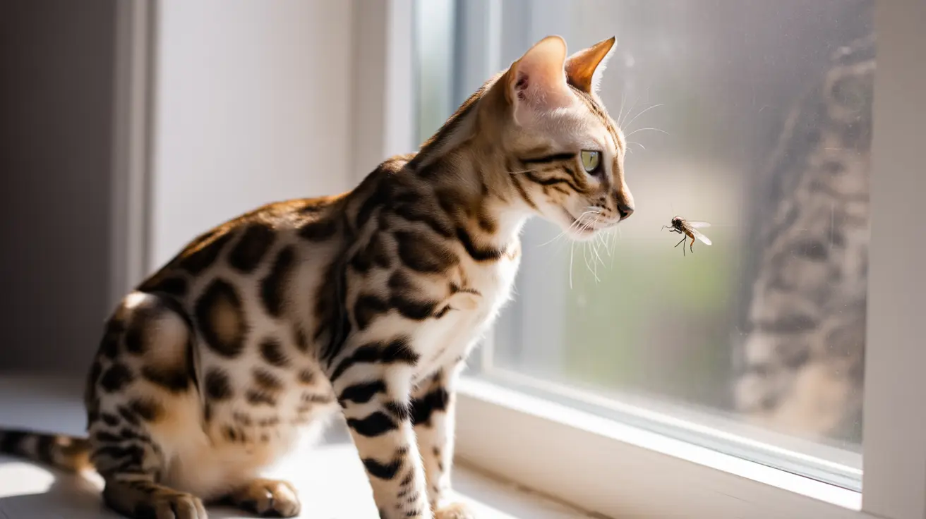 Bengal cat watching a small flying insect by a window in bright natural light