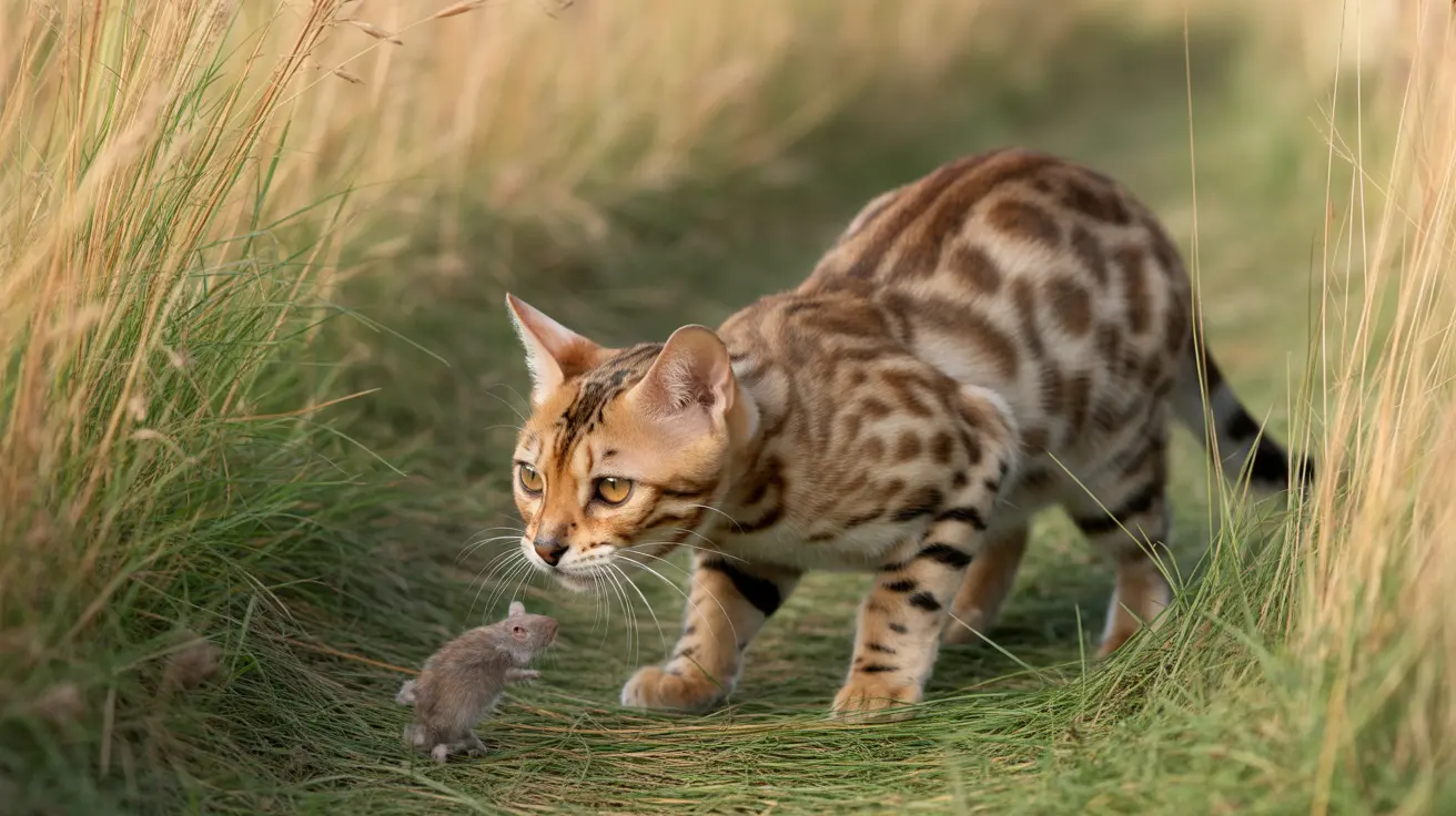 背の高い草の中で小さなネズミを狙うベンガルキャット