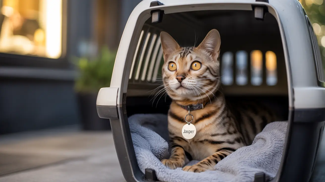 A Bengal cat sitting comfortably inside a pet carrier with a soft gray blanket