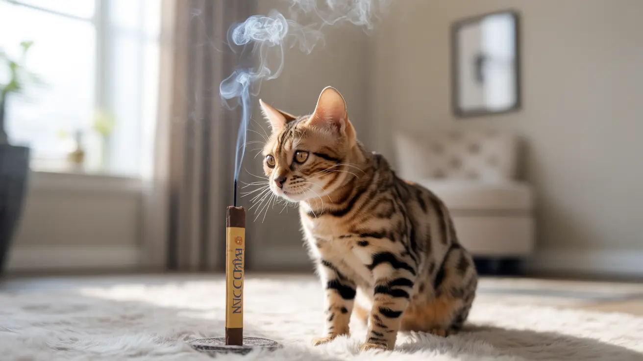 A Bengal cat sitting next to an incense stick with smoke rising, in a softly lit living room