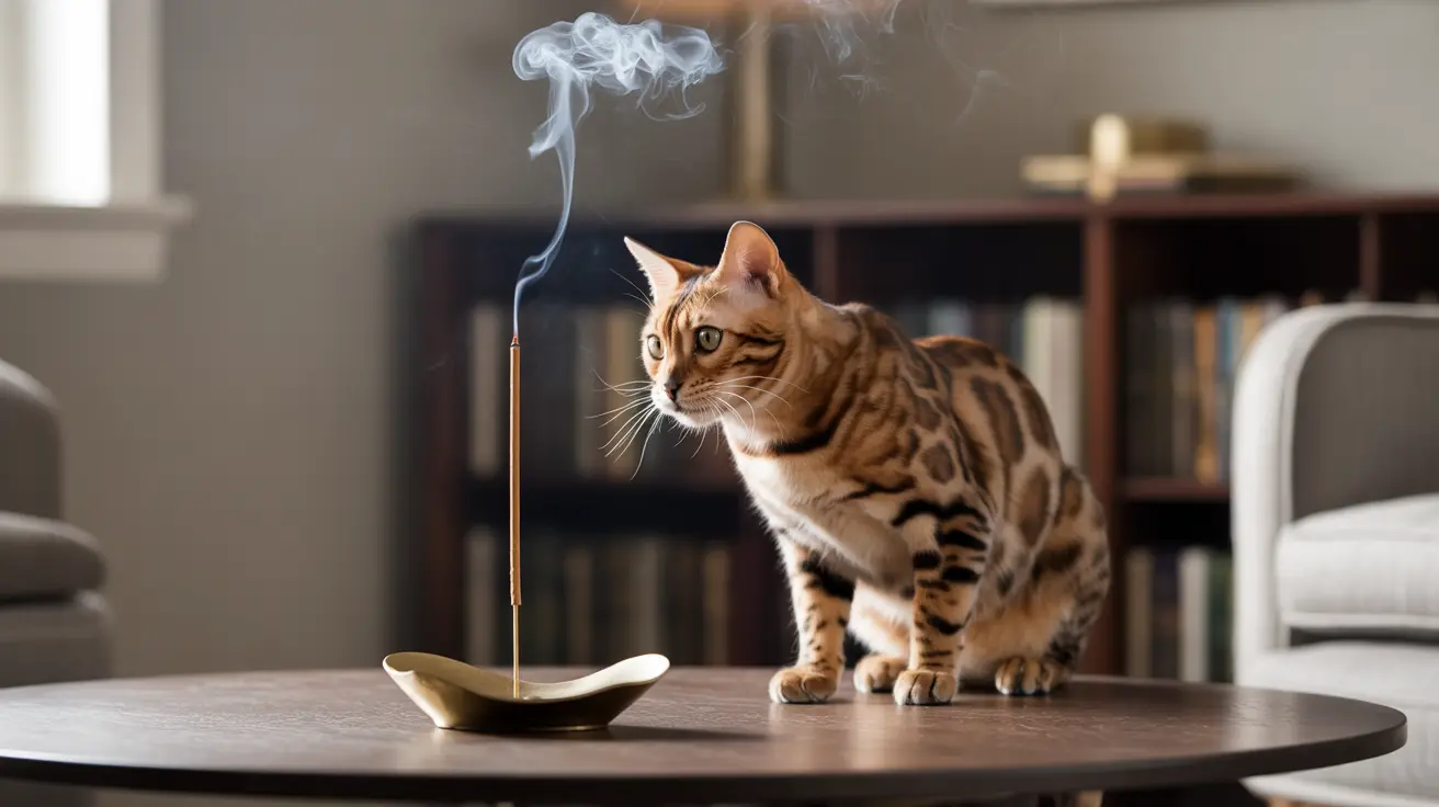 A Bengal cat on a table next to burning incense with smoke rising