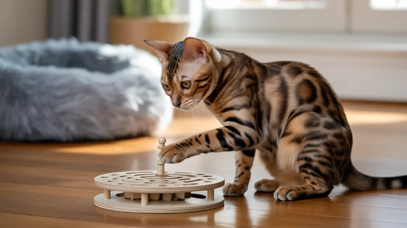 Seekor kucing Bengal sedang bermain dengan mainan teka-teki kayu interaktif di lantai kayu
