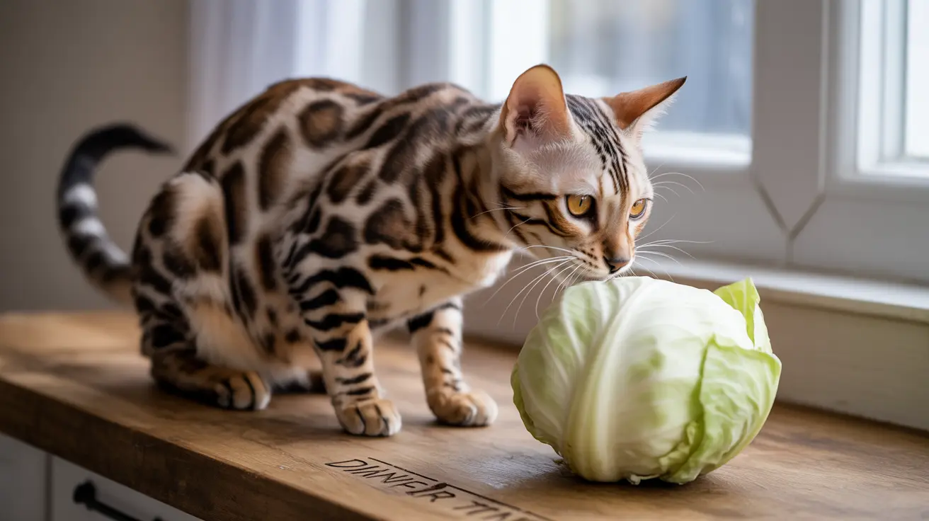 A Bengal cat curiously investigating a large cabbage on a wooden surface near a window
