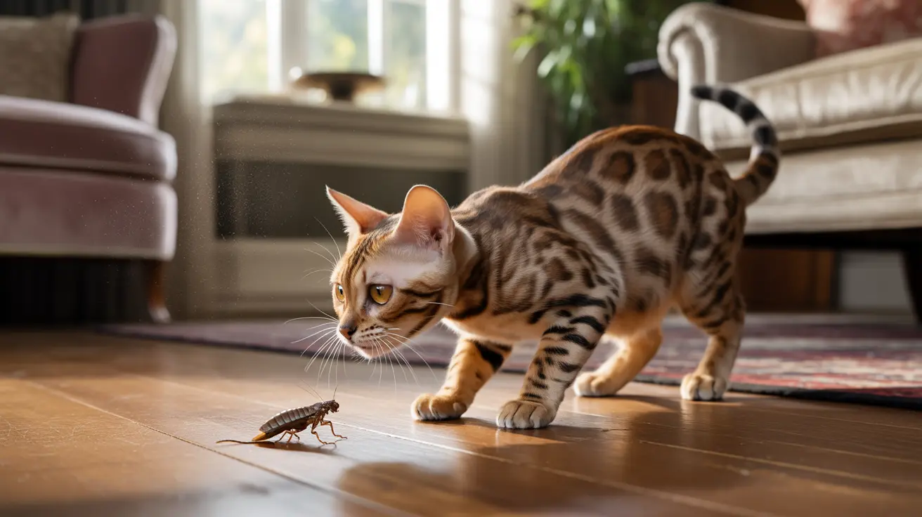 A Bengal cat curiously investigating a large cockroach on a wooden floor inside a living room.