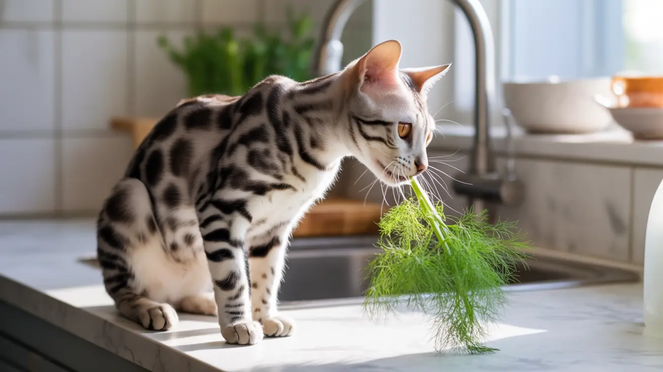 Gato de Bengala olfateando una ramita de hierba verde fresca junto al fregadero de la cocina