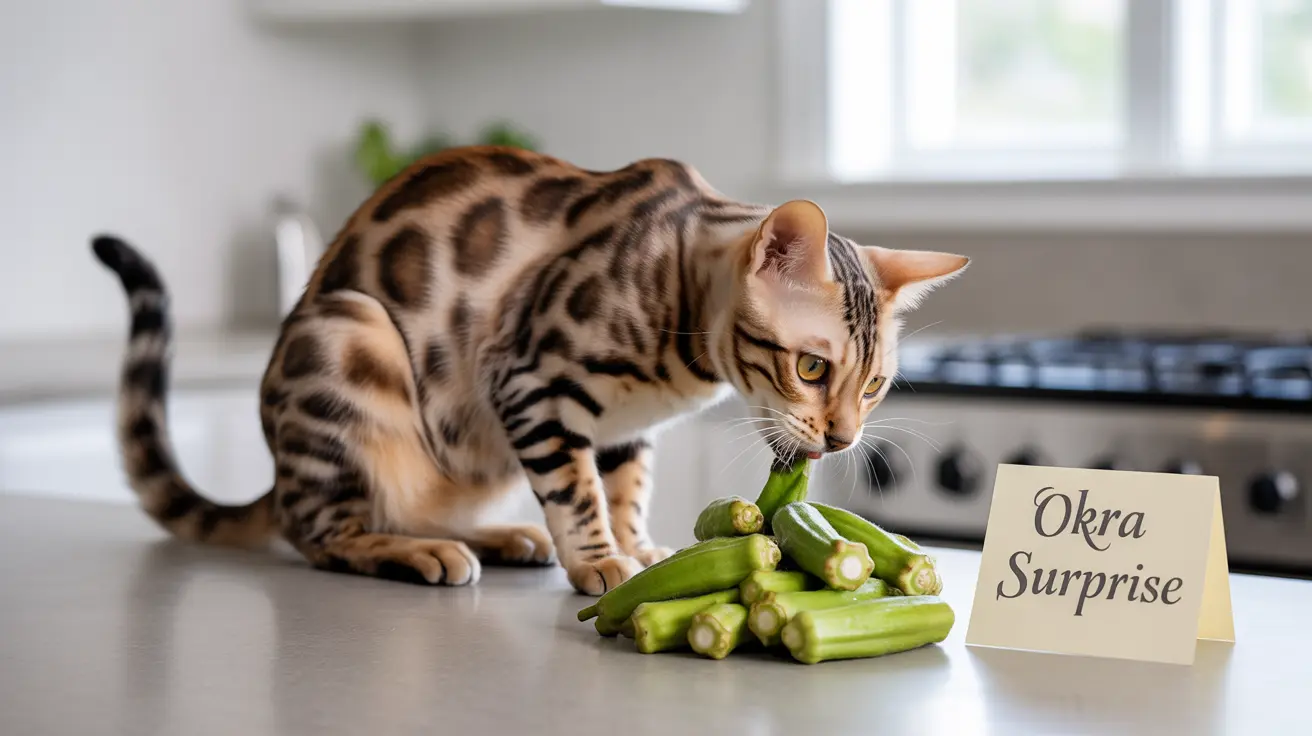 A Bengal cat curiously investigating a pile of okra on a kitchen counter