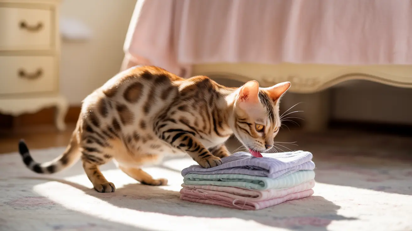 A Bengal cat investigating a neatly folded stack of pastel-colored towels in a sunlit bedroom