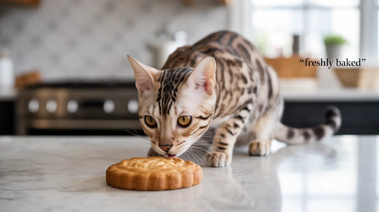 A Bengal cat investigating a large round pastry on a marble kitchen countertop