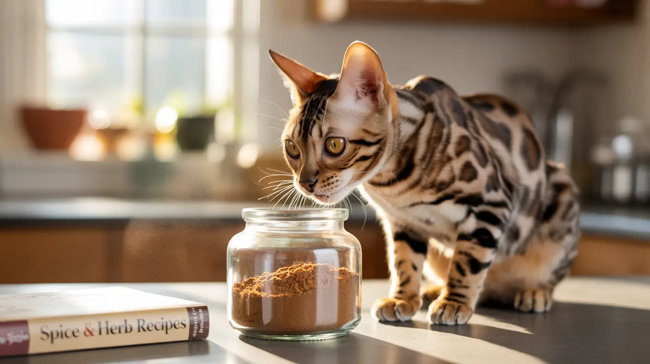 A Bengal cat curiously investigating a glass jar of spices on a kitchen counter