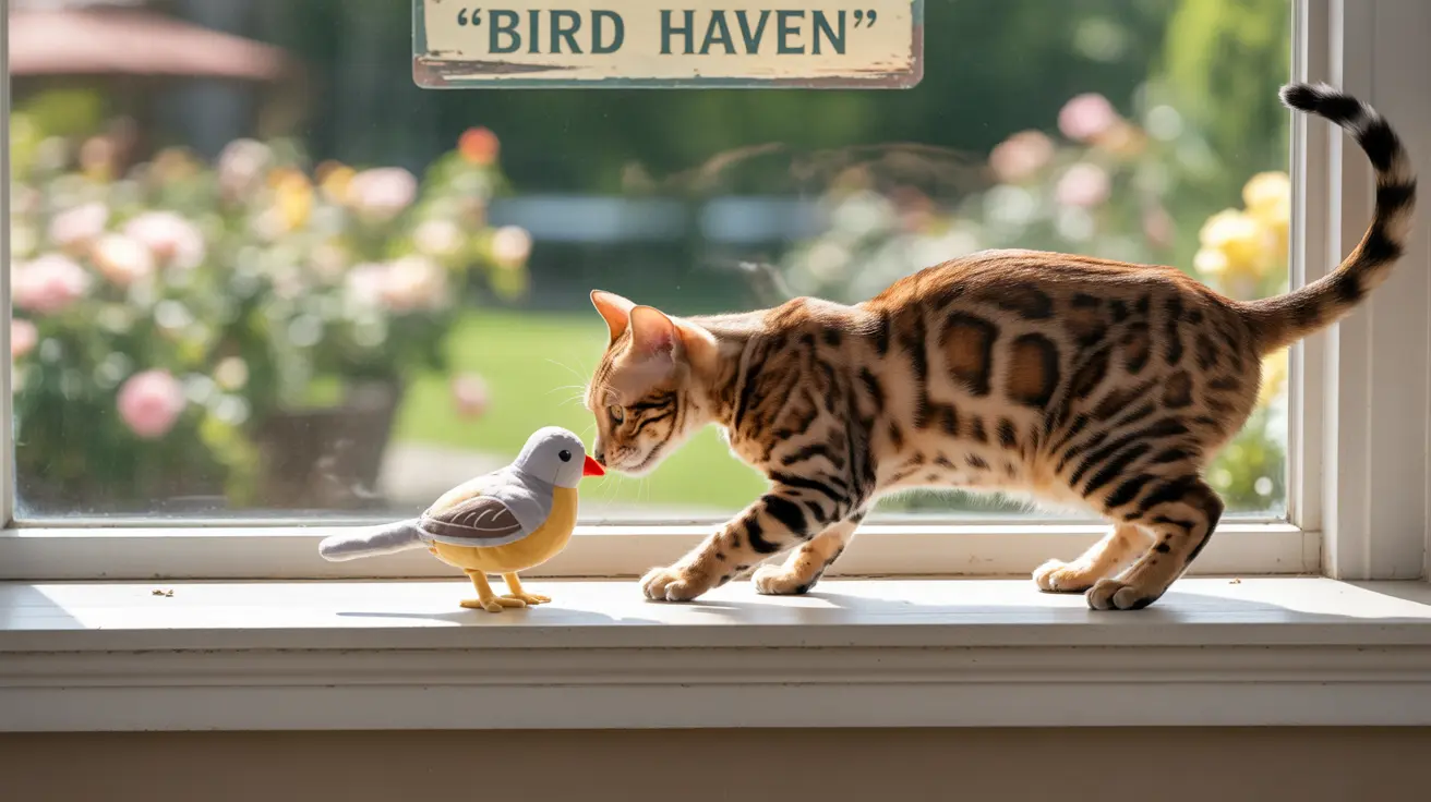 A Bengal cat curiously investigating a toy bird on a windowsill under a Bird Haven sign