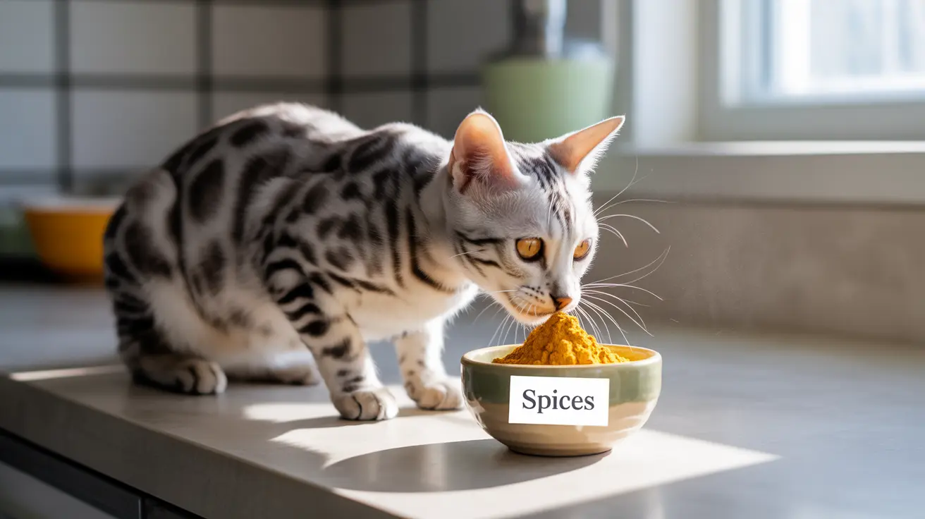 A Bengal cat investigating a bowl of yellow spices on a kitchen countertop
