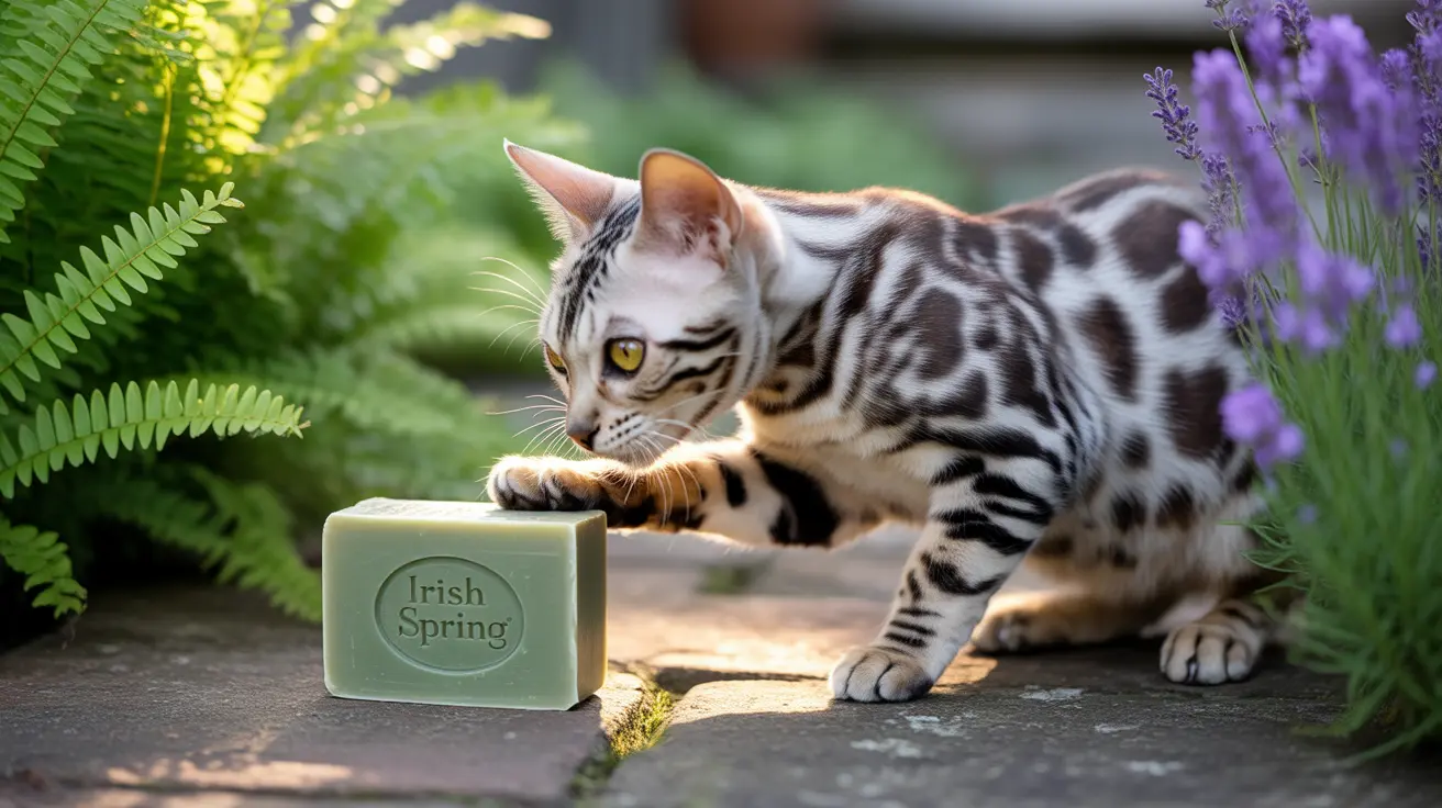 A Bengal cat sitting next to an Irish Spring soap bar in a garden with ferns and lavender